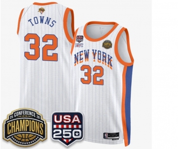 Men's New Yok Knicks  #32 Karl-Anthony White Stripes 2026 Finals Patch &USA 250 Patch Stitched Basketball Jersey