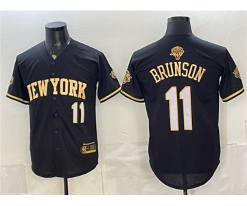 Men's New York Knicks #11 Jalen Brunson Black Gold 2026 Finals Patch Stitched Baseball Jersey