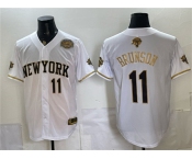 Men's New York Knicks #11 Jalen Brunson White Gold 2026 Finals & Eastern Conference Champions Patch Stitched Baseball Jersey Men's New York Knicks #11 Jalen Brunson White Gold 2026 Finals & Eastern Conference Champions Patch Stitched Baseball Jersey