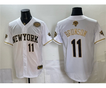 Men's New York Knicks #11 Jalen Brunson White Gold 2026 Finals & Eastern Conference Champions Patch Stitched Baseball Jersey