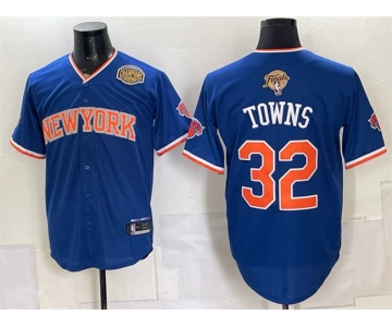 Men's New York Knicks #32 Karl-Anthony Towns Blue 2026 Finals & Eastern Conference Champions Patch Stitched Baseball Jersey