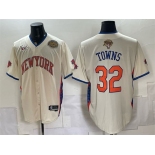 Men's New York Knicks #32 Karl-Anthony Towns Cream 2026 Finals & Eastern Conference Champions Patch Stitched Baseball Jersey