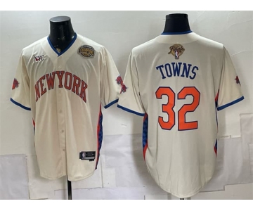 Men's New York Knicks #32 Karl-Anthony Towns Cream 2026 Finals & Eastern Conference Champions Patch Stitched Baseball Jersey