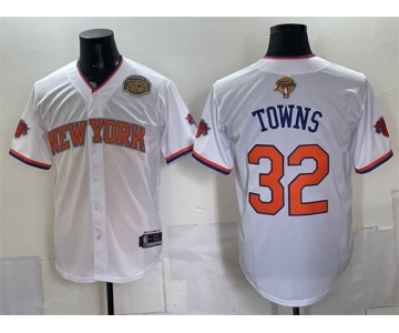 Men's New York Knicks #32 Karl-Anthony Towns White 2026 Finals & Eastern Conference Champions Patch Stitched Baseball Jersey
