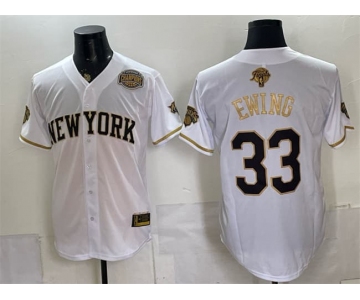 Men's New York Knicks #33 Patrick Ewing White Gold 2026 Finals & Eastern Conference Champions Patch Stitched Baseball Jersey