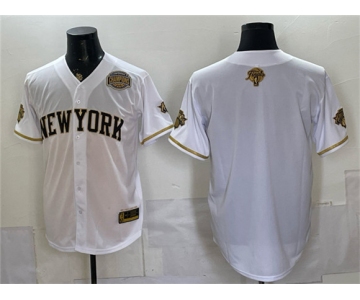 Men's New York Knicks Blank White Gold 2026 Finals & Eastern Conference Champions Patch Stitched Baseball Jersey