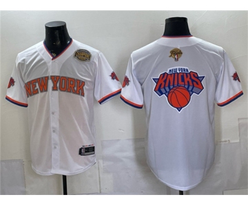 Men's New York Knicks Team Big Logo White 2026 Finals & Eastern Conference Champions Patch Stitched Baseball Jersey