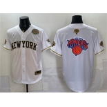 Men's New York Knicks Team Big Logo White Gold 2026 Finals & Eastern Conference Champions Patch Stitched Baseball Jersey Men's New York Knicks Team Big Logo White Gold 2026 Finals & Eastern Conference Champions Patch Stitched Baseball Jersey