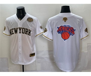 Men's New York Knicks Team Big Logo White Gold 2026 Finals & Eastern Conference Champions Patch Stitched Baseball Jersey