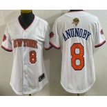 Women's New Yok Knicks #8 OG Anunoby White 2026 Finals Patch Stitched Baseball Jersey Women's New Yok Knicks #8 OG Anunoby White 2026 Finals Patch Stitched Baseball Jersey