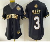 Women's New York Knicks #3 Josh Hart Black Gold 2026 Finals Eastern Conference Champions Patch Stitched Baseball Jersey Women's New York Knicks #3 Josh Hart Black Gold 2026 Finals Eastern Conference Champions Patch Stitched Baseball Jersey