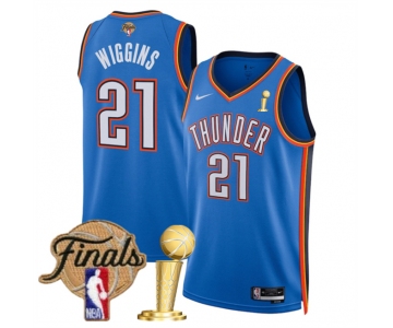 Men's Oklahoma City Thunder #21 Aaron Wiggins Blue 2025 Finals Patch And Finals Champions Patch Icon Edition Stitched Basketball Jersey