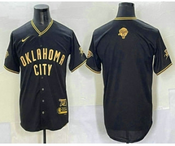 Men's Oklahoma City Thunder Blank Black Gold 2025 Finals Vapor Stitched Baseball Jersey