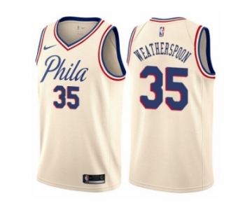 Men Nike Philadelphia 76ers #35 Clarence Weatherspoon Authentic Cream NBA Jersey - City Edition
