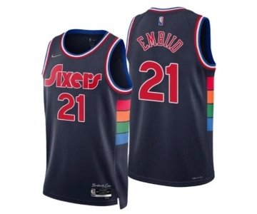 Men Philadelphia 76ers #21 Joel Embiid 2021-22 City Navy Jersey