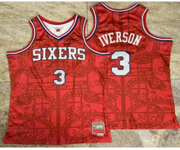 Men's Philadelphia 76ers #3 Allen Iverson Red Snakeskin Hardwood AU Throwback Jersey