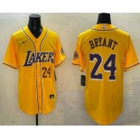 Men's Los Angeles Lakers #24 Kobe Bryant Number Yellow Purple With Patch Cool Base Stitched Baseball Jersey