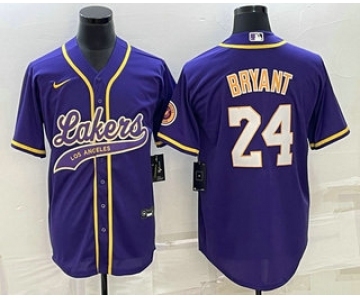 Men's Los Angeles Lakers #24 Kobe Bryant Purple With Patch Cool Base Stitched Baseball Jersey