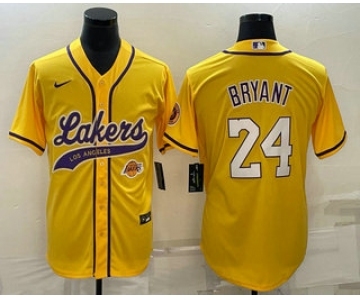 Men's Los Angeles Lakers #24 Kobe Bryant Yellow With Patch Cool Base Stitched Baseball Jerseys
