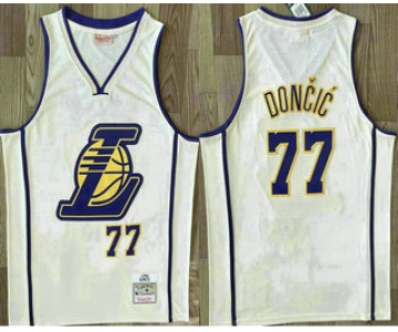 Men's Los Angeles Lakers #77 Luka Doncic Cream Throwback Swingman Jersey