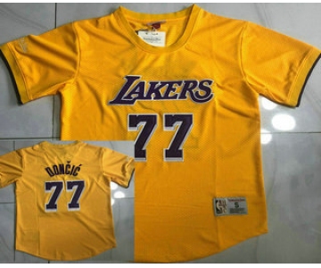 Men's Los Angeles Lakers #77 Luka Doncic Yellow Short Sleeved AU Throwback Jersey