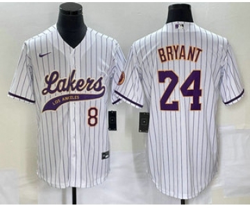 Men's Los Angeles Lakers #8 #24 Kobe Bryant White Pinstripe With Patch Cool Base Stitched Baseball Jersey