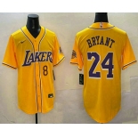 Men's Los Angeles Lakers #8 24 Kobe Bryant Yellow Purple With Patch Cool Base Stitched Baseball Jersey