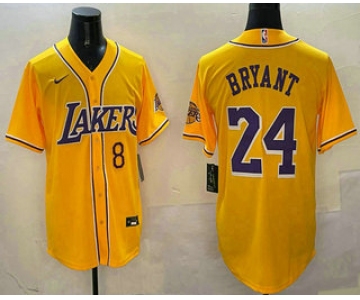 Men's Los Angeles Lakers #8 24 Kobe Bryant Yellow Purple With Patch Cool Base Stitched Baseball Jersey