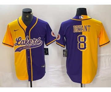 Men's Los Angeles Lakers #8 Kobe Bryant Gold Purple Split Stitched Baseball Jersey
