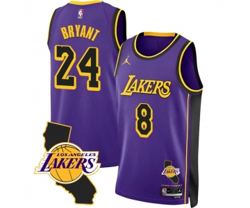 Men's Los Angeles Lakers Front #8 Back #24 Kobe Bryant Purple 2025 California Patch Stitched Basketball Jersey