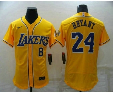 Men's Los Angeles Lakers Front #8 Back #24 Kobe Bryant Yellow Cool Base Stitched Baseball Jersey