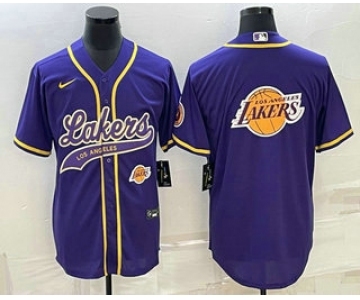 Men's Los Angeles Lakers Purple Team Big Logo With Patch Cool Base Stitched Baseball Jersey