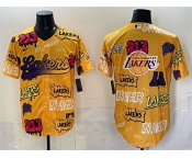 Men's Los Angeles Lakers Team Big Logo Yellow Limited Stitched Baseball Jersey Men's Los Angeles Lakers Team Big Logo Yellow Limited Stitched Baseball Jersey