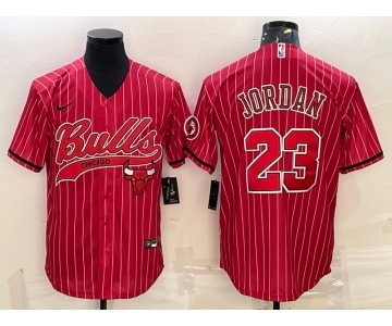 Men's Chicago Bulls #23 Michael Jordan Red Pinstripe With Patch Cool Base Stitched Baseball Jersey