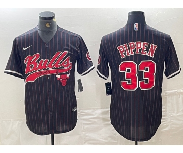 Men's Chicago Bulls #33 Scottie Pippen Black Pinstripe Cool Base Stitched Baseball Jersey