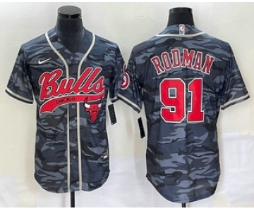 Men's Chicago Bulls #91 Dennis Rodman Black Camo With Patch Cool Base Stitched Baseball Jersey