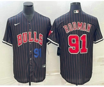 Mens Chicago Bulls #91 Dennis Rodman Number Black With Patch Cool Base Stitched Baseball Jersey
