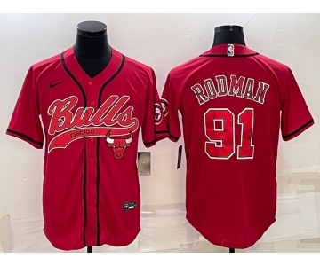 Men's Chicago Bulls #91 Dennis Rodman Red With Patch Cool Base Stitched Baseball Jersey