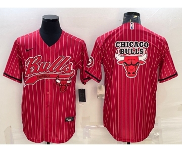 Men's Chicago Bulls Blank Red Pinstripe Team Big Logo With Patch Cool Base Stitched Baseball Jersey