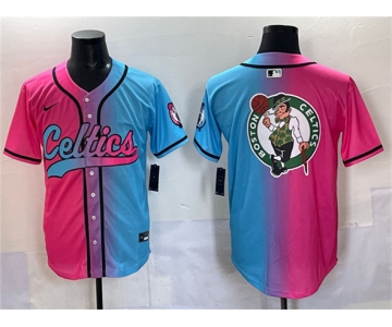 Men's Boston Celtics Team Big Logo Pink Blue Limited Stitched Baseball Jersey