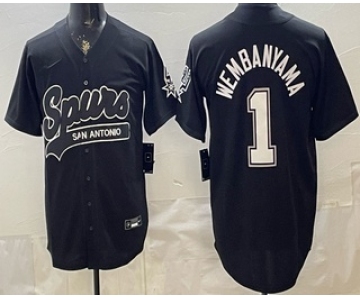 Mens San Antonio Spurs #1 Victor Wembanyama Black Stitched Baseball Jersey