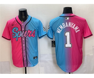 Men's San Antonio Spurs #1 Victor Wembanyama Pink Blue Limited Stitched Baseball Jersey