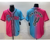 Men's San Antonio Spurs Team Big Logo Pink Blue Limited Stitched Baseball Jersey Men's San Antonio Spurs Team Big Logo Pink Blue Limited Stitched Baseball Jersey