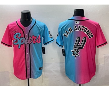 Men's San Antonio Spurs Team Big Logo Pink Blue Limited Stitched Baseball Jersey