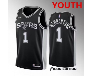 Youth San antonio spurs #1 victor wembanyama black icon edition stitched basketball jersey