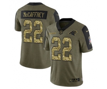Men's Carolina Panthers #22 Christian McCaffrey 2021 Olive Camo Salute To Service Limited Stitched Football Jersey