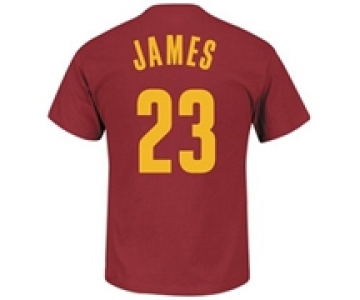 Mens Cleveland Cavaliers LeBron James Majestic Wine Player Name and Number T-Shirt-2