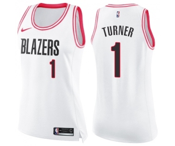 Women's Nike Portland Trail Blazers #1 Evan Turner Swingman White Pink Fashion NBA Jersey