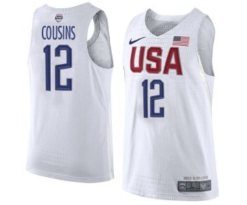 Men's Nike Team USA #12 DeMarcus Cousins Authentic White 2016 Olympic Basketball Jersey