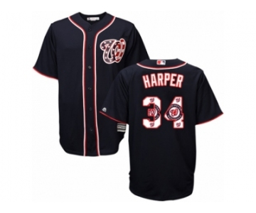 Men's Majestic Washington Nationals #34 Bryce Harper Authentic Navy Blue Team Logo Fashion Cool Base MLB Jersey